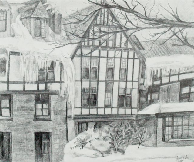 Snow-covered school study.